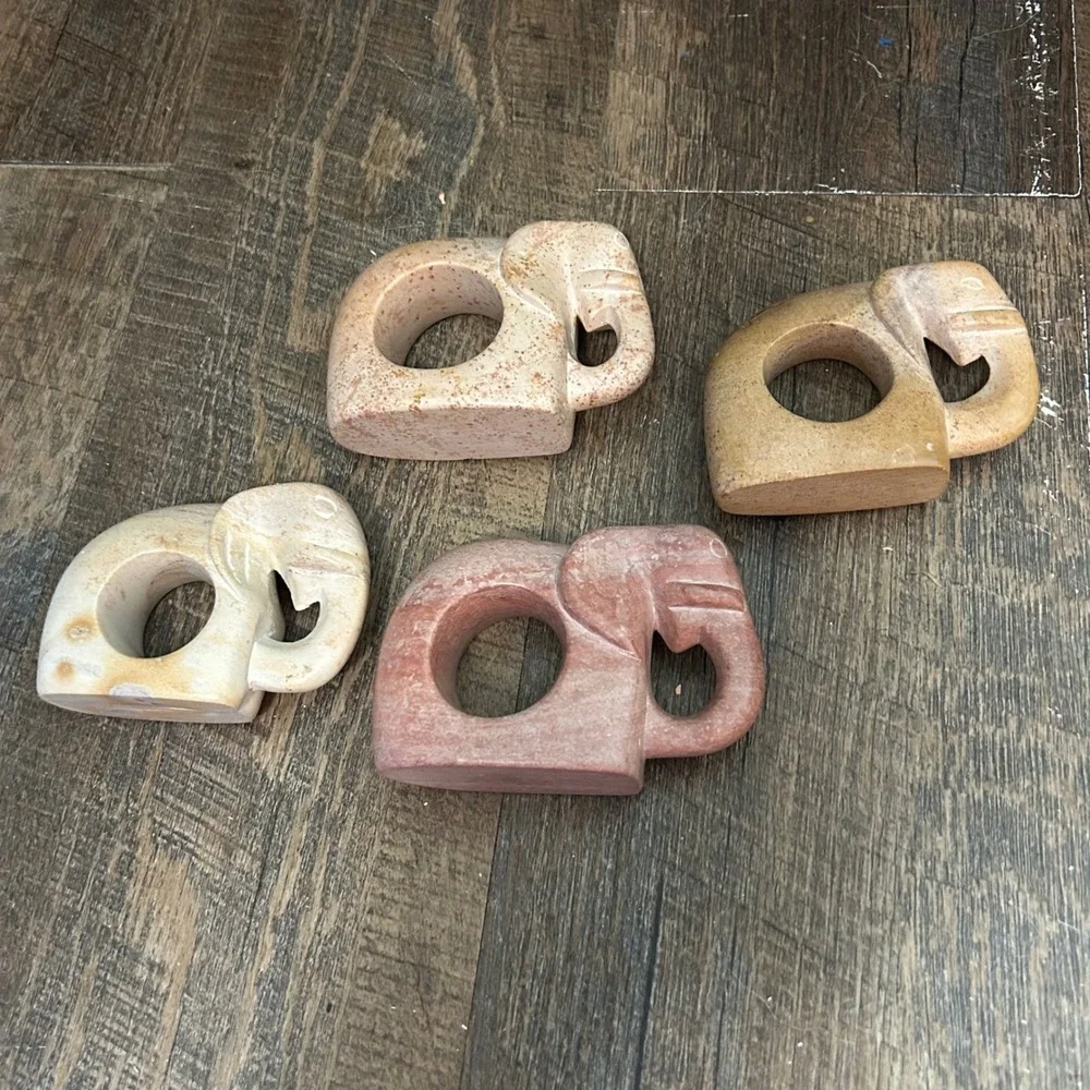 Vintage Hand Carved Soapstone Elephant Napkin Rings Set of 4 Pink Tan Cream